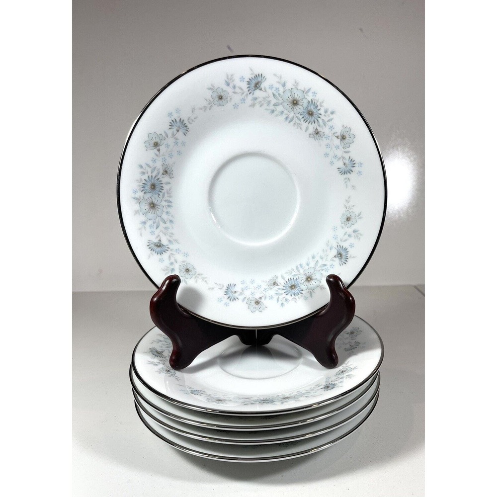 5 Noritake Japan Inverness Saucer 6716 Blue Flowers Platinum Rim Contemporary